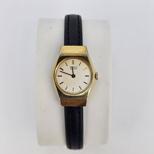 VTG Seiko Women Watch 19MM Gold Dial New Black Leather Bands Up 6" New Battery